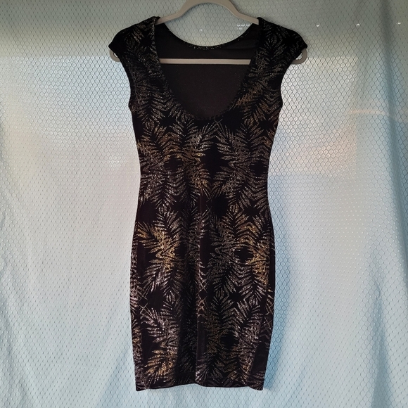 TOPSHOP BLACK SILVER GOLD PALM TREE GLITTER VELVET BODYCON Sz 2 - Picture 3 of 5